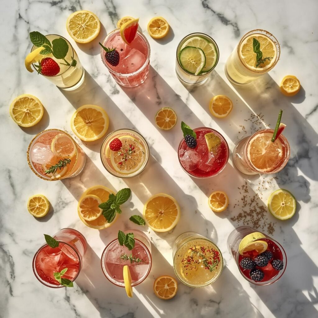 12 Delicious Lemonade Mocktail Recipes Fancy, Refreshing, and Zero Proof Mocktails have officially outgrown their reputation as the drink you order when you're being responsible. These lemonade mocktail recipes are sophisticated, genuinely delicious, and honestly more interesting than half the cocktails at most bars, no alcohol required and no apologies needed. Whether you're hosting a gathering where not everyone drinks, pregnant, doing a dry month, or simply someone who prefers their refreshment without a buzz, these twelve recipes deliver layered flavor, beautiful presentation, and that satisfying complexity that makes a drink feel special. I've made every single one of these for parties and family gatherings, and not once did anyone feel like they were missing out. The Foundation How to Make Perfect Lemonade Base Before getting into the twelve recipes, let's establish the foundation they all build on. A great lemonade mocktail starts with great lemonade, and fresh-squeezed is the only version worth building on. Simple Lemonade Base (Makes 4 cups) 1 cup fresh lemon juice (approximately 6–8 lemons) ¾ cup simple syrup (1 cup water + 1 cup sugar, simmered until dissolved, cooled) 3 cups cold water Combine and adjust, more simple syrup for sweeter, more lemon juice for tarter. This base takes 10 minutes and tastes completely different from anything bottled. Make a double batch and keep it in the fridge for up to five days. Every recipe below uses this as the starting point unless otherwise noted. Mocktail 1 Classic Sparkling Lemonade The simplest upgrade that makes the biggest difference. Replace the still water in your lemonade base with sparkling water, added right before serving to preserve carbonation, and you get a bright, effervescent drink that feels instantly more celebratory. Ingredients 1 cup fresh lemon juice ¾ cup simple syrup 3 cups sparkling water (added at serving time) Lemon wheels and mint for garnish Method Combine lemon juice and syrup in a pitcher. Pour sparkling water directly into individual glasses over the lemonade mix rather than into the pitcher, this preserves the fizz for every glass. Garnish and serve immediately. Never pre-mix sparkling lemonade into a pitcher, the carbonation disappears within minutes and you lose the entire point of adding fizz in the first place. Mocktail 2 Strawberry Basil Lemonade Mocktail This is the one that consistently gets the most compliments at gatherings. The basil adds an herbal, slightly peppery note that makes the strawberry lemonade taste genuinely sophisticated rather than just sweet and pink. Ingredients 1 cup fresh strawberry puree (blend and strain fresh strawberries) 8 fresh basil leaves (plus more for garnish) 2 cups lemonade base 1 cup sparkling water Ice Method Muddle basil leaves gently with 2 tablespoons of simple syrup to release the oils. Combine with strawberry puree and lemonade base. Pour over ice in a tall glass and top with sparkling water. Garnish with a fresh basil sprig and strawberry slice. The muddled basil is what separates this from a plain strawberry lemonade. Take the 60 seconds to muddle properly, the flavor difference is immediate and significant. Mocktail 3 Lavender Honey Lemonade This one is quietly elegant, lavender honey lemonade tastes floral, delicate, and slightly grown-up in a way that makes it perfect for bridal showers, baby showers, or any gathering where you want something that looks and tastes intentional. Ingredients 2 cups lemonade base 3 tablespoons lavender honey syrup (simmer 1 cup water, ½ cup honey, and 2 tablespoons dried culinary lavender for 8 minutes, strain, cool) 1 cup sparkling water Dried lavender sprig and lemon wheel for garnish Method Stir lavender honey syrup into lemonade base until fully combined. Pour over ice, top with sparkling water, and garnish. The pale yellow drink with a lavender sprig looks genuinely beautiful in a clear glass. Mocktail 4 Cucumber Mint Lemonade When the temperature outside becomes genuinely offensive, cucumber mint lemonade is the most refreshing drink in existence. Cucumber adds cooling hydration and the mint creates that clean, bright sensation that makes your whole body feel immediately less overheated. Ingredients ½ cucumber, thinly sliced (plus extra for garnish) 15 fresh mint leaves 2 cups lemonade base 1 cup sparkling water Pinch of sea salt Method Blend cucumber slices with ¼ cup of the lemonade base until smooth, then strain through a fine mesh strainer. Muddle mint leaves with 1 tablespoon of simple syrup. Combine cucumber liquid, muddled mint, and remaining lemonade base. Pour over ice, top with sparkling water, add a pinch of sea salt (it enhances the cucumber flavor dramatically), and garnish with cucumber rounds and a mint sprig. Mocktail 5 Watermelon Lemonade Fizz Watermelon and lemon is the summer combination that needs no convincing. Fresh watermelon juice blended into lemonade creates a vibrant pink drink with natural sweetness that requires significantly less simple syrup than a standard lemonade recipe. Ingredients 2 cups fresh watermelon juice (blend seedless watermelon chunks and strain) ½ cup fresh lemon juice 3 tablespoons simple syrup (less needed because watermelon is naturally sweet) 1 cup sparkling water Small watermelon wedge and mint for garnish Method Combine watermelon juice, lemon juice, and simple syrup. Taste before adding more syrup, ripe summer watermelon may not need any additional sweetener at all. Pour over ice, top with sparkling water, and garnish. The natural deep pink color is stunning in a clear glass Mocktail 6 Peach Ginger Lemonade Peach and ginger is an unexpected combination that works beautifully, the sweetness of ripe peach against the warming spice of fresh ginger creates a complexity that makes this one of the most interesting mocktails on the list. Ingredients 2 ripe peaches, peeled and blended (or 1.5 cups frozen peach slices) 1 teaspoon fresh grated ginger (or more to taste) 2 cups lemonade base 1 cup ginger beer (adds carbonation plus extra ginger depth) Peach slice and candied ginger for garnish Method Blend peaches until completely smooth and strain. Combine peach puree, grated fresh ginger, and lemonade base. Pour over ice and top with ginger beer, added at serving time to preserve the fizz. Garnish with a fresh peach slice and a piece of candied ginger on the rim. Ginger beer instead of sparkling water is what makes this recipe genuinely memorable, it layers two ginger elements (fresh and fermented) for a depth that sparkling water simply can't replicate. Mocktail 7 Blueberry Thyme Lemonade Thyme in a drink sounds like a recipe experiment that went sideways. It didn't. Blueberry and thyme together create an herbaceous, slightly savory-sweet combination that tastes genuinely sophisticated and completely unlike anything most people have tried before. This is the mocktail that generates the most wait, what's in this reactions. Ingredients 1 cup fresh blueberries 4 fresh thyme sprigs 2 cups lemonade base 2 tablespoons simple syrup 1 cup sparkling water Method Muddle blueberries and 2 thyme sprigs with simple syrup until berries break down completely. Strain the mixture through a fine mesh strainer. Combine blueberry-thyme liquid with lemonade base. Pour over ice, top with sparkling water, and garnish with a fresh thyme sprig and a few whole blueberries on a cocktail pick. Mocktail 8 Hibiscus Rose Lemonade This is the most visually dramatic drink on the list, deep ruby-red from hibiscus flowers, floral from rose water, and bright from lemon. It looks like something that costs $14 at a boutique restaurant and takes about eight minutes to make at home. Ingredients 2 hibiscus tea bags steeped in 1 cup hot water for 5 minutes, then cooled ½ teaspoon rose water (use sparingly, a little goes a very long way) 2 cups lemonade base 1 cup sparkling water Dried rose petals and lemon wheel for garnish Method Combine cooled hibiscus tea, rose water, and lemonade base. Stir well, the acidity from the lemon juice reacts with the hibiscus and may shift the color slightly toward pink-magenta, which is visually stunning. Pour over ice, top with sparkling water, and garnish with dried rose petals and a lemon wheel. Use exactly ½ teaspoon of rose water, more tips the drink from elegantly floral to drinking perfume, and that's not what we're going for here. Mocktail 9 Mango Chili Lemonade For everyone who wants their summer drink to have a little heat, mango chili lemonade delivers sweet, tart, and spicy in a combination that makes people reach for a second glass while still figuring out why they love it so much. Ingredients 1.5 cups fresh mango puree (blend ripe mango until smooth) ½ teaspoon chili powder or a few slices of fresh jalapeño 1.5 cups lemonade base 1 cup sparkling water Tajín for the rim and a mango slice for garnish Method Rim glasses with tajín, run a lime wedge around the rim and press into the spice blend. Combine mango puree, chili powder, and lemonade base. Taste for heat and sweetness. Pour over ice into prepared glasses, top with sparkling water, and garnish with a mango slice. The tajín rim adds heat and citrus to every sip, which makes the whole drink more complex from start to finish. Mocktail 10 Raspberry Rose Lemonade Raspberry and rose sounds like a Valentine's Day gift, but this combination is genuinely excellent in a summer mocktail, bright, fruity, and softly floral with a color that ranges from deep pink to pale rose depending on how much raspberry you use. Ingredients 1 cup fresh or frozen raspberries ½ teaspoon rose water 2 cups lemonade base 2 tablespoons simple syrup 1 cup sparkling water Fresh raspberries and a rose petal for garnish Method Blend raspberries with simple syrup until smooth, then strain through a fine mesh strainer to remove seeds. Combine raspberry puree, rose water, and lemonade base. Stir well, pour over ice, top with sparkling water, and garnish. FYI, this mocktail batches beautifully for large gatherings. Make a quadruple batch and keep it in the fridge for up to three days. Mocktail 11 Pineapple Coconut Lemonade This one tastes like a tropical vacation decided to visit your backyard. Pineapple coconut lemonade is bold, sweet, and slightly exotic, the coconut water adds subtle sweetness and electrolytes, and the pineapple juice brings that distinctive tropical brightness. Ingredients 1 cup fresh pineapple juice (blend fresh pineapple chunks and strain, or use 100% pineapple juice) ½ cup coconut water 1.5 cups lemonade base 1 cup sparkling water Pineapple wedge and shredded coconut for garnish Method Combine pineapple juice, coconut water, and lemonade base. Stir, pour over ice, and top with sparkling water. Garnish with a pineapple wedge and a light sprinkle of toasted shredded coconut on top. Toast the coconut garnish in a dry pan for 2 minutes before using, the warm, nutty flavor against the cold tropical drink creates a contrast that elevates the whole experience. Mocktail 12 Blackberry Sage Lemonade The final recipe is arguably the most sophisticated on the list, blackberry and sage creates a deep, earthy, slightly herbaceous combination that tastes genuinely complex and makes everyone who tries it ask what's in it. Ingredients 1 cup fresh blackberries 6 fresh sage leaves 2 cups lemonade base 2 tablespoons honey 1 cup sparkling water Fresh sage sprig and blackberries on a pick for garnish Method Muddle blackberries and sage leaves with honey until blackberries break down completely and the sage releases its oils. Strain through a fine mesh strainer. Combine blackberry-sage liquid with lemonade base. Pour over ice, top with sparkling water, and garnish with a fresh sage sprig and blackberry skewer. The deep purple color with a green sage garnish looks absolutely stunning in a tall clear glass. This is the mocktail for when you want to impress, it looks complicated, tastes extraordinary, and takes about eight minutes to make. Tips for Making Every Lemonade Mocktail Better A few universal principles that apply to all twelve recipes Always use fresh-squeezed lemon juice, bottled lemon juice tastes flat and slightly bitter compared to fresh. The difference is immediately apparent in a drink where lemon is the primary flavor Make simple syrup in advance and keep it in the fridge, it lasts three weeks and removes the most time-consuming step from every recipe Add sparkling water at serving time, not prep time, pre-mixing carbonated drinks kills the fizz before it reaches anyone's glass Use large ice cubes, large ice melts slowly and keeps drinks cold without diluting them quickly. Regular ice is fine but large cubes are noticeably better for longer-sipping occasions Taste and adjust every batch, lemons vary in acidity and sweetness. Always taste your lemonade base before adding to a recipe and adjust the simple syrup ratio as needed Final Thoughts Twelve Mocktails, Zero Compromise These 12 lemonade mocktail recipes prove conclusively that alcohol-free doesn't mean flavor-free. Strawberry basil, blackberry sage, hibiscus rose, mango chili, each one delivers something distinct, sophisticated, and genuinely satisfying from first sip to last. Make the lemonade base in advance, prep your garnishes, and let these drinks do the work of impressing your guests. The best compliment these mocktails consistently receive isn't this is good for a mocktail, it's just this is good. That's the entire goal, and all twelve of these achieve it every single time. Pick one for this weekend. Make it properly with fresh lemon juice. Then let the drink speak for itself