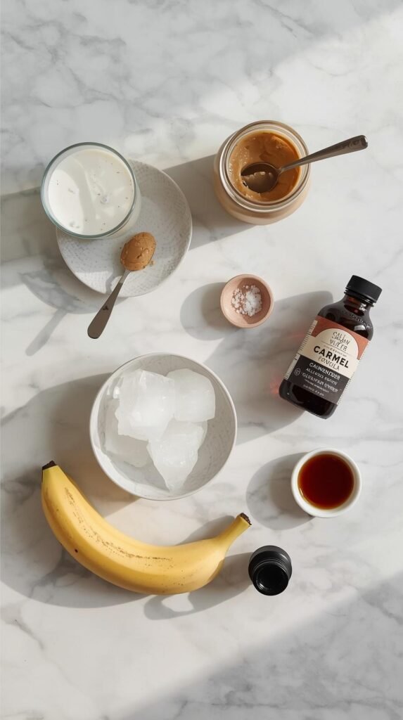 Ingredients for Salted Caramel Cashew Protein Shake (Sugar-Free)