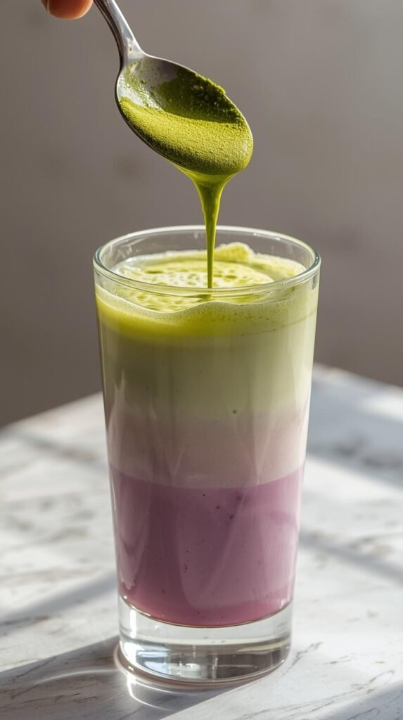 Assembling the Iced Blueberry Matcha Latte