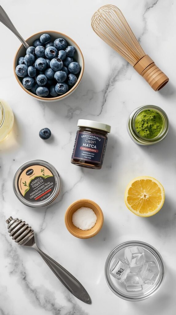 The Full Ingredients List to make blueberry matcha 